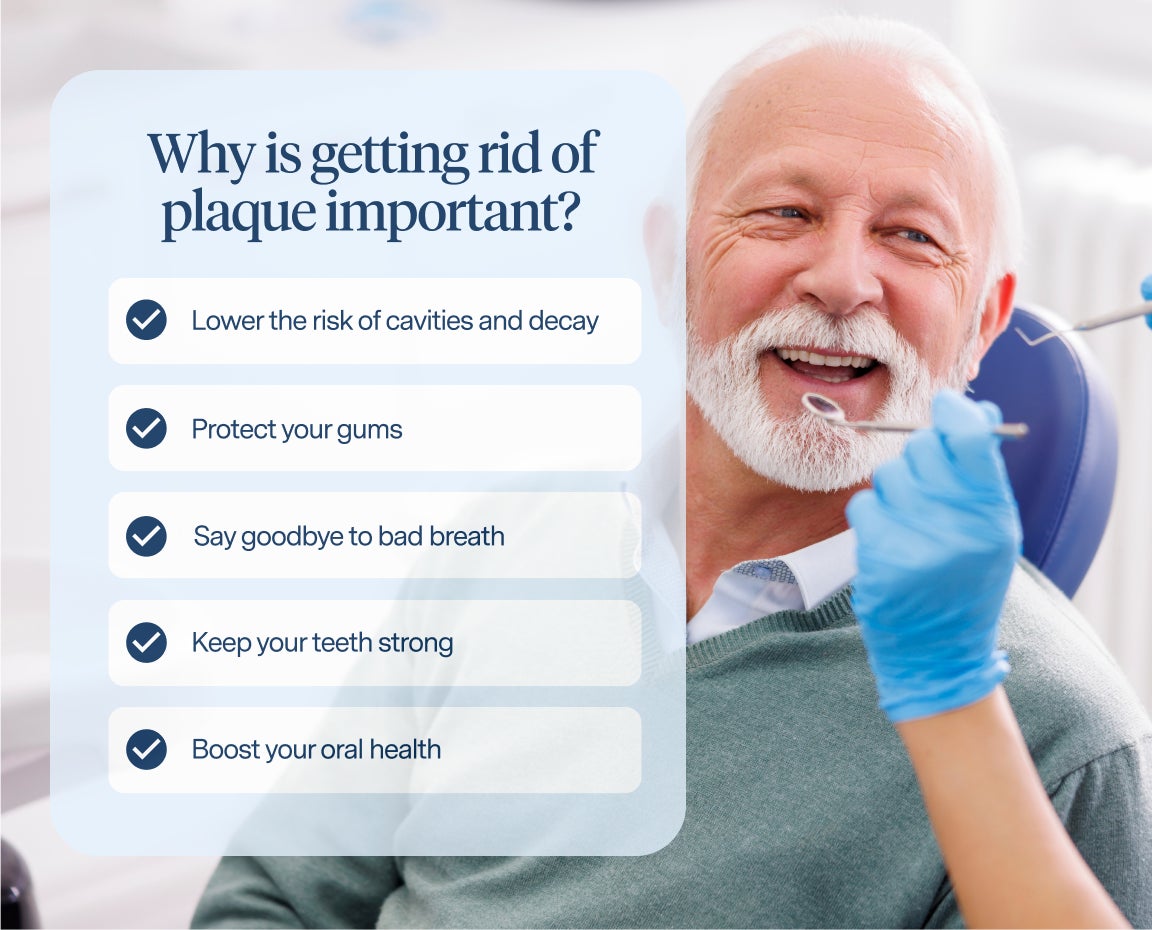A dentist explains dental plaque removal options using an illustrated chart listing professional cleaning and antibacterial treatments.