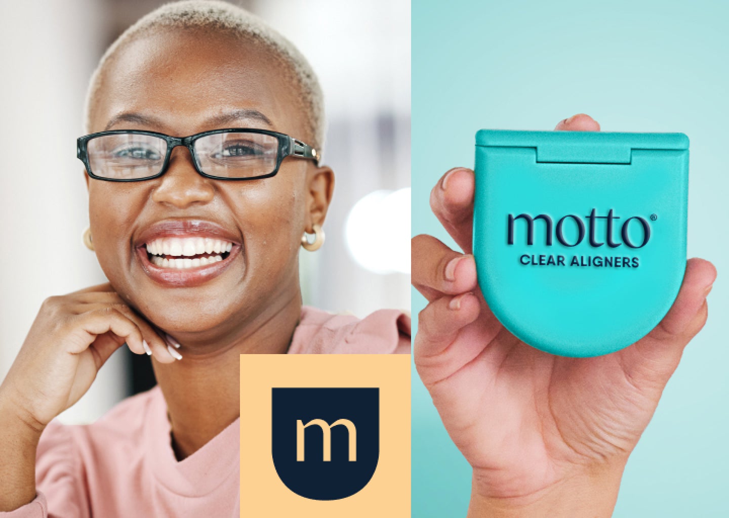 Joyful woman with glasses, smiling confidently after Motto aligners treatment, with Motto logo displayed in the corner.