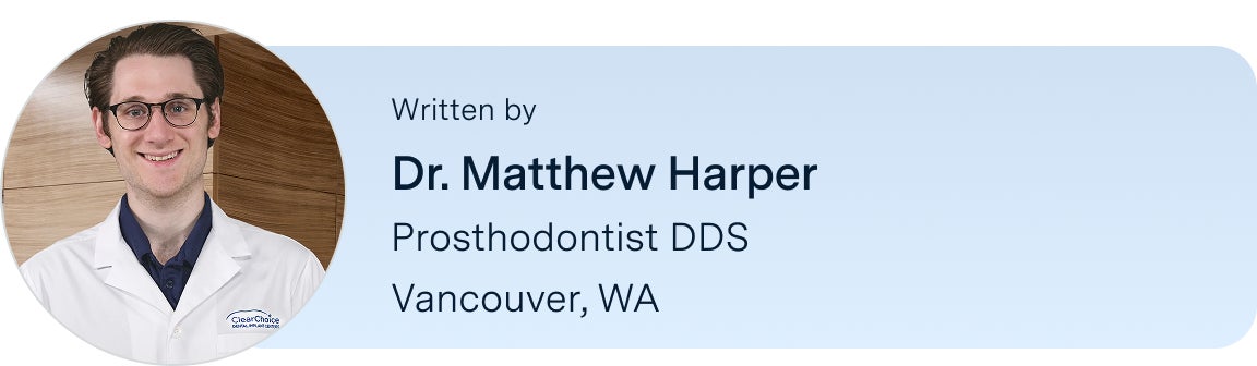 Information on Dr.Matthew Harper, prosthodontist DDS, from the Vancouver, Washington ClearChoice center, the author of this blog. Along with his headshot on the left.