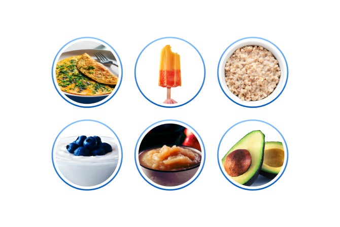 Six foods to eat after a root canal include an omelette with herbs, a popsicle, a bowl of oatmeal, yogurt topped with blueberries, applesauce, and half an avocado on a white background.