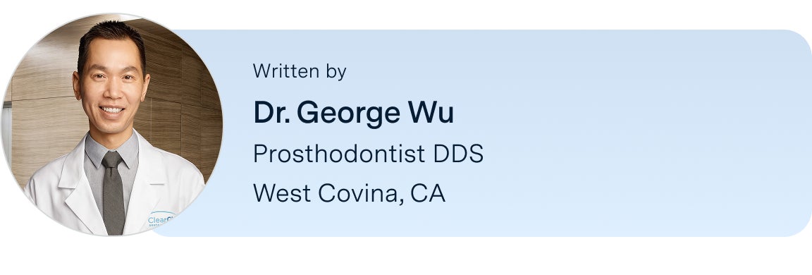 An image of Dr.George Wu, DDS, the author of this blog, with his title and location listed below his name: prosthodontist DDS, located in the ClearChoice West Covina, California center.