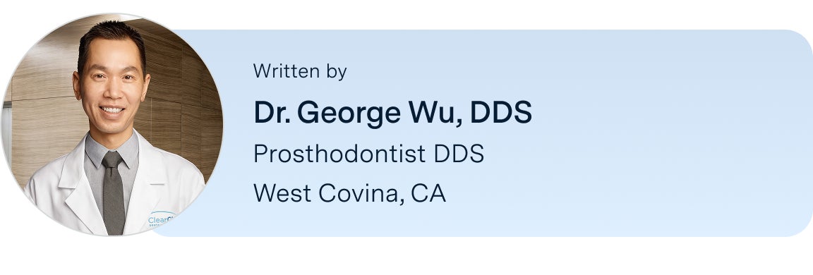 An image of Dr.George Wu, DDS, the author of this blog, with his title and location listed below his name: prosthodontist DDS, located in the ClearChoice West Covina, California center.