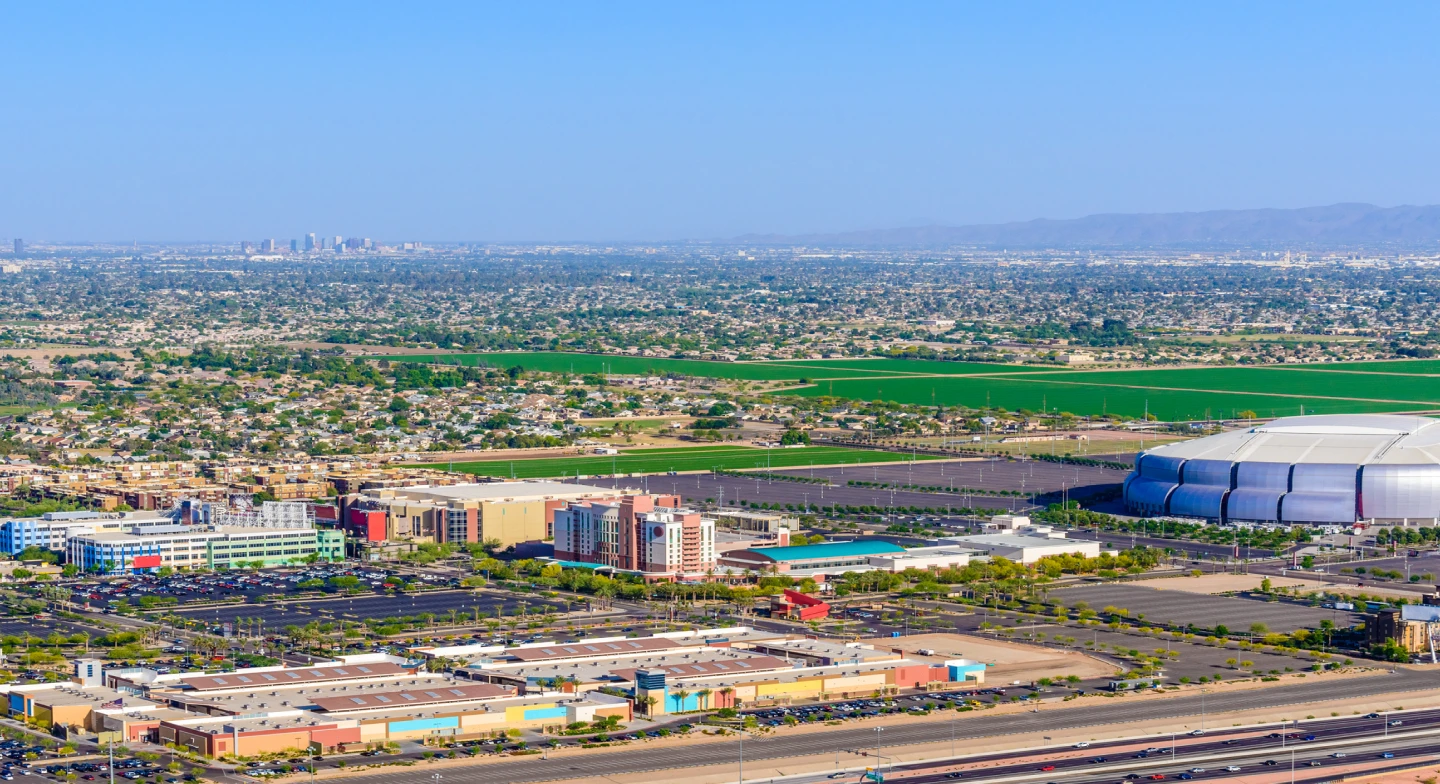 An aerial view of western Phoenix at midday. 