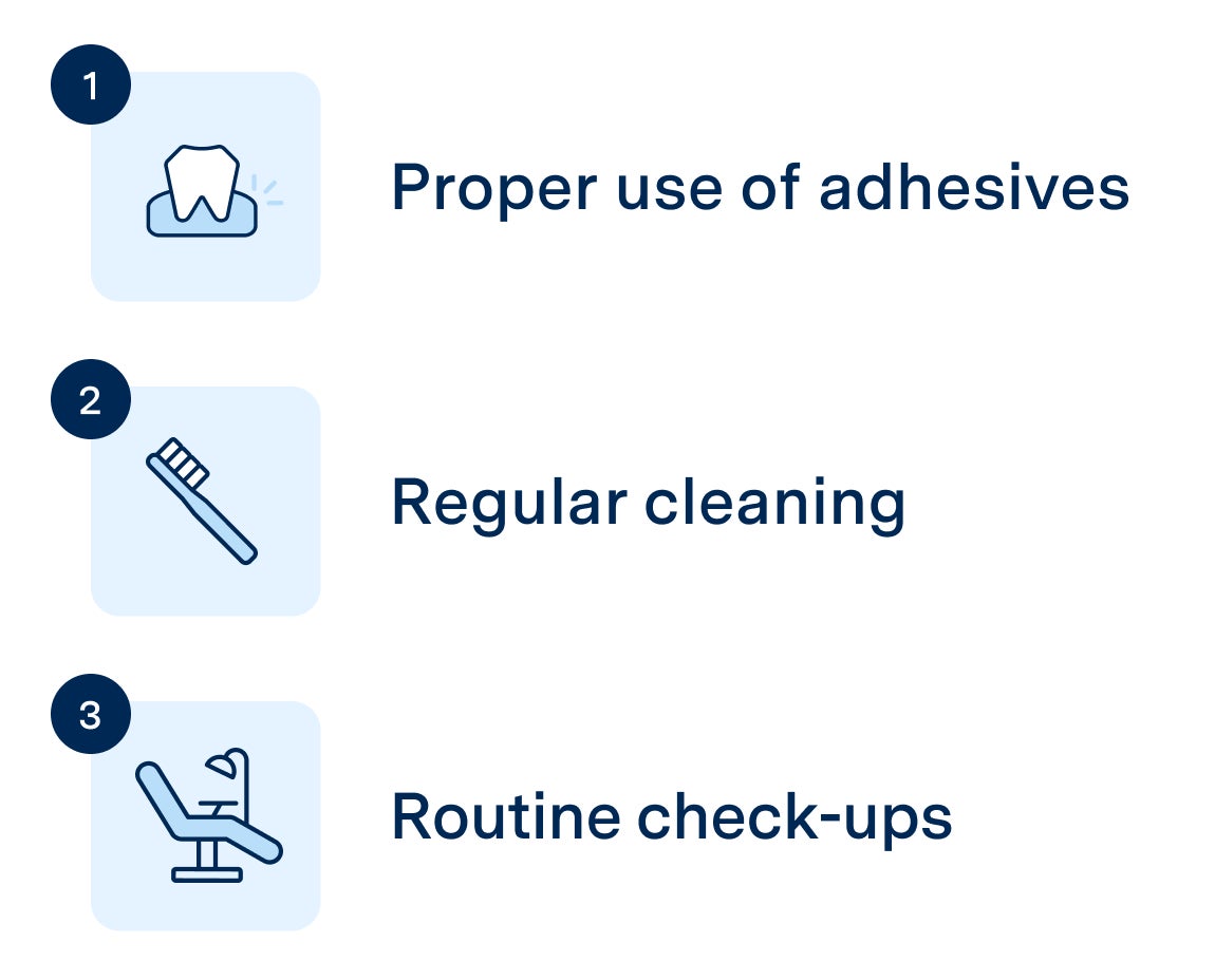 Infographic showing denture care tips including proper use of adhesives, regular cleaning, and routine dental check-ups.