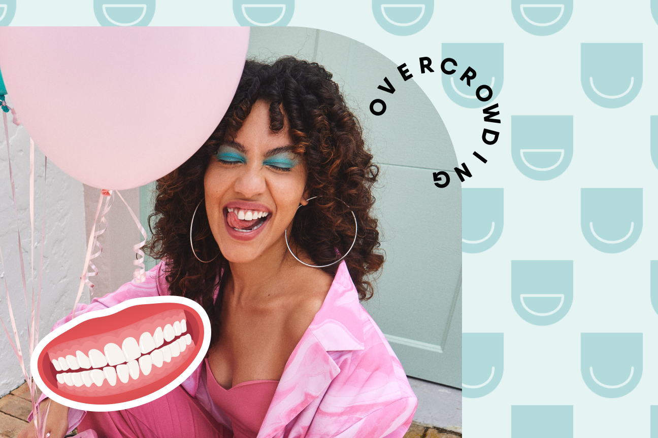 A person with curly hair and blue eyeshadow happily holds a pink balloon. The word "OVER CROWDING" and a graphic of a smiling mouth are overlaid on the image.