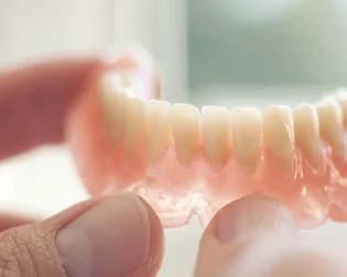 Snap in dentures are held up to the light. 