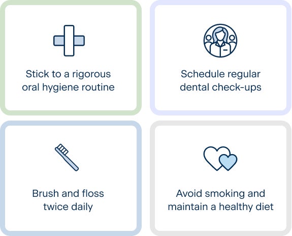 Four-panel infographic from ClearChoice outlining best practices for oral hygiene, featuring tips such as “Stick to a rigorous oral hygiene routine,” “Schedule regular dental check-ups,” “Brush and floss twice daily,” and “Avoid smoking and maintain a healthy diet.” Each section includes a relevant icon to highlight the importance of preventive dental care.