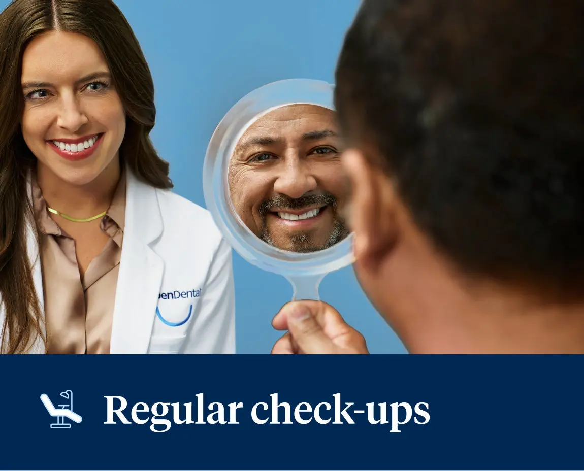 A dentist smiles at a patient holding a mirror that reflects his face. Text on the image reads, "Regular check-ups.