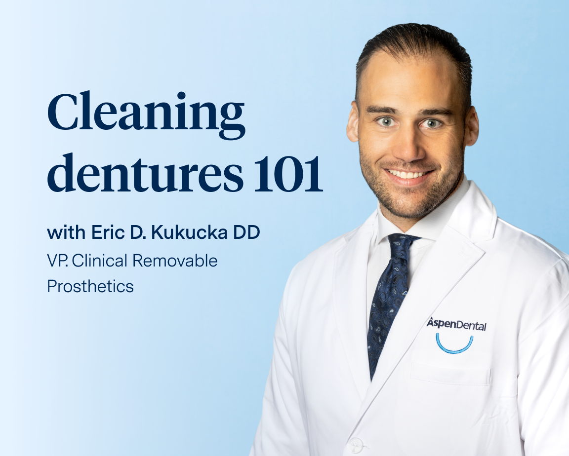 Image of Eric D. Kukucka DD in a white lab coat on right side with text on left that reads, "Cleaning dentures 101 with Eric D. Kukucka DD, VP. Clinical Removable Prosthetics." The background is a solid light blue.