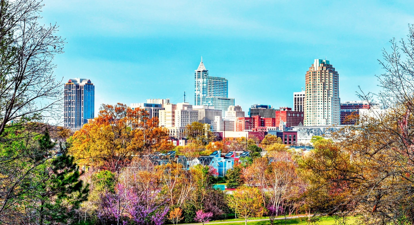 The Raleigh-Durham skyline at midday. 