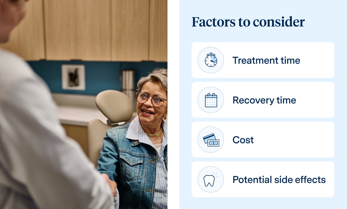 Senior woman smiling while meeting with a dentist at Aspen Dental office during a consultation, seated in a dental chair wearing a denim jacket.
