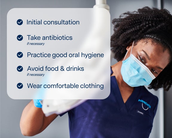A dental professional in an Aspen Dental uniform and face mask holding dental equipment, with a checklist overlay highlighting preparation tips for dental implant procedures, including consultation, antibiotics, hygiene, and comfort.