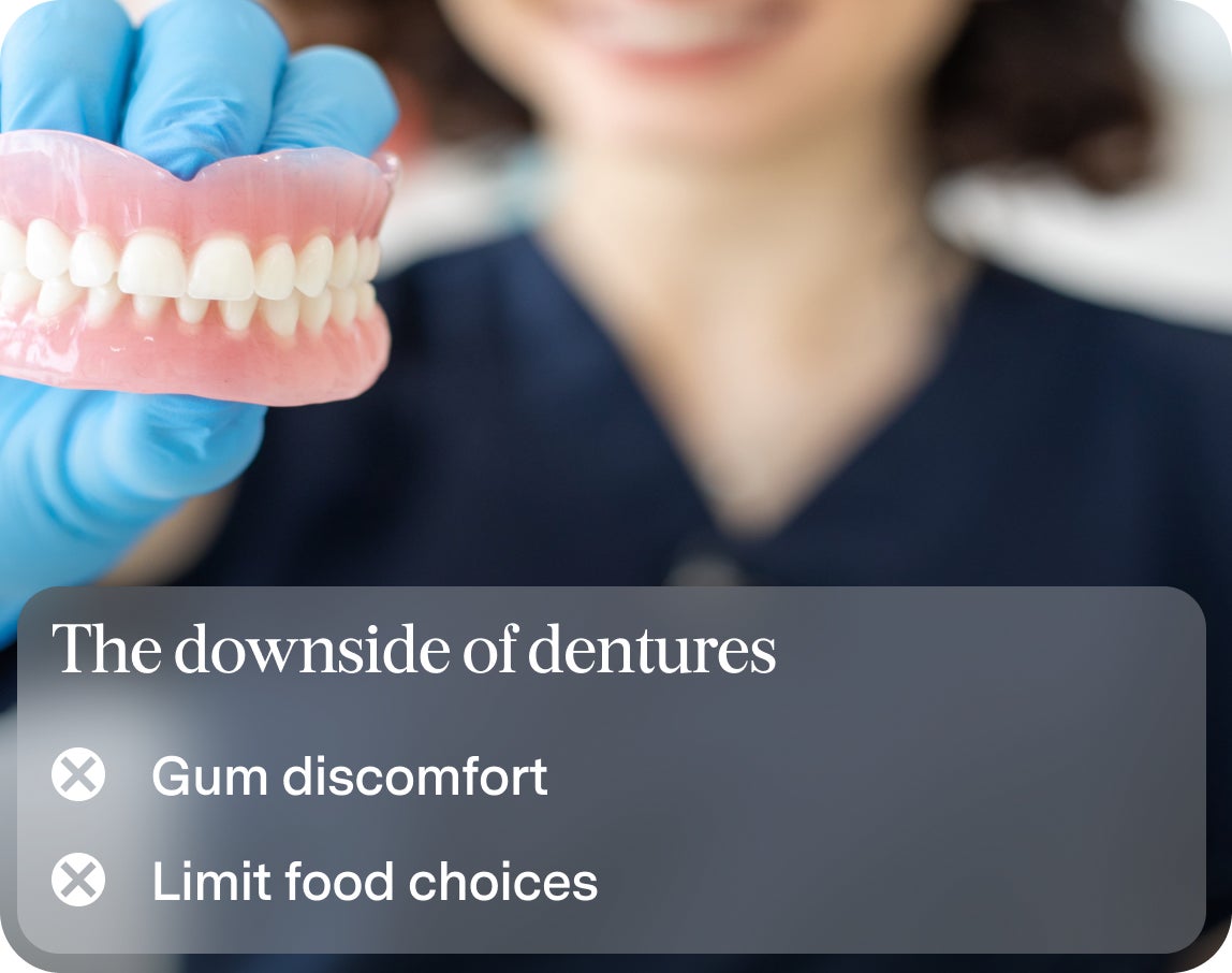 An image of a ClearChoice dental professional holding a pair of teeth model, with text describing some of the downsides of dentures, including gum discomfort and limited food choices.