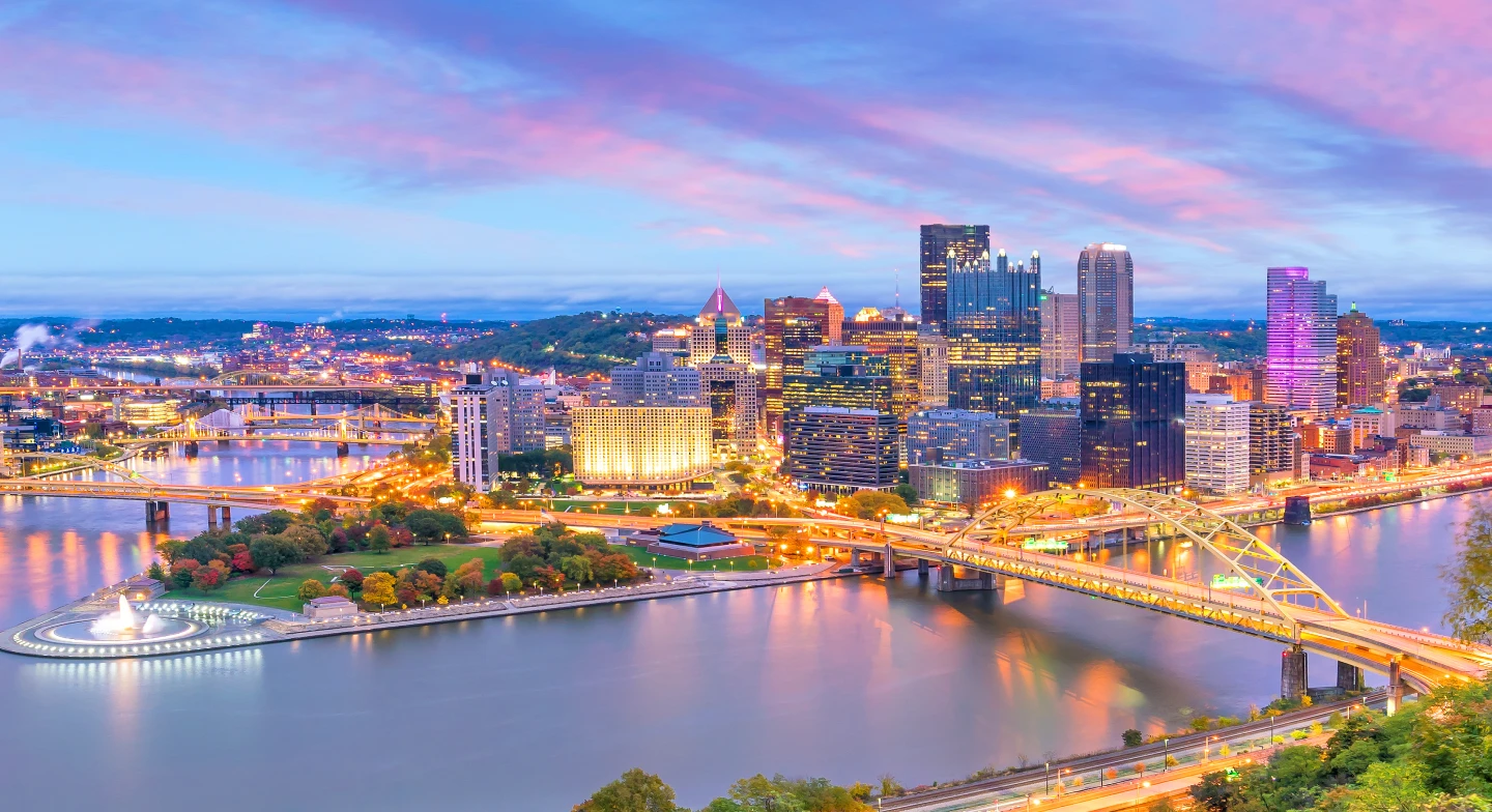 An aerial view of Pittsburgh at sunset