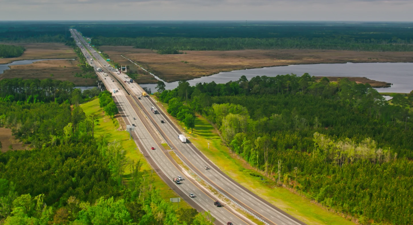 An aerial image of the Florida and Georgia state line. 