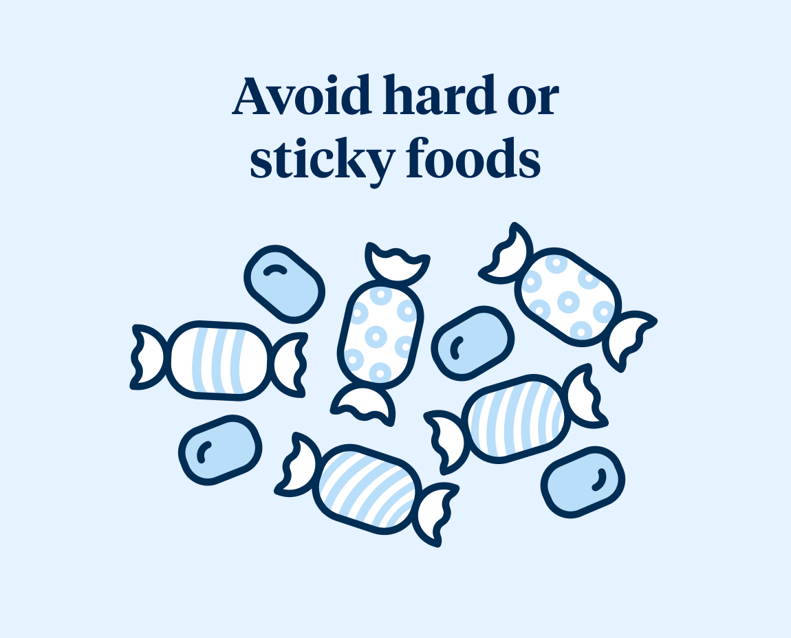 Illustration of candies with 'Avoid hard or sticky foods' text.