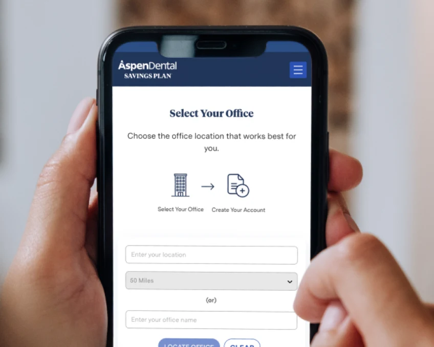The Aspen Dental Savings Plan form is displayed on a smartphone screen, showcasing the process of finding the nearest Aspen Dental office to enroll in the savings plan.