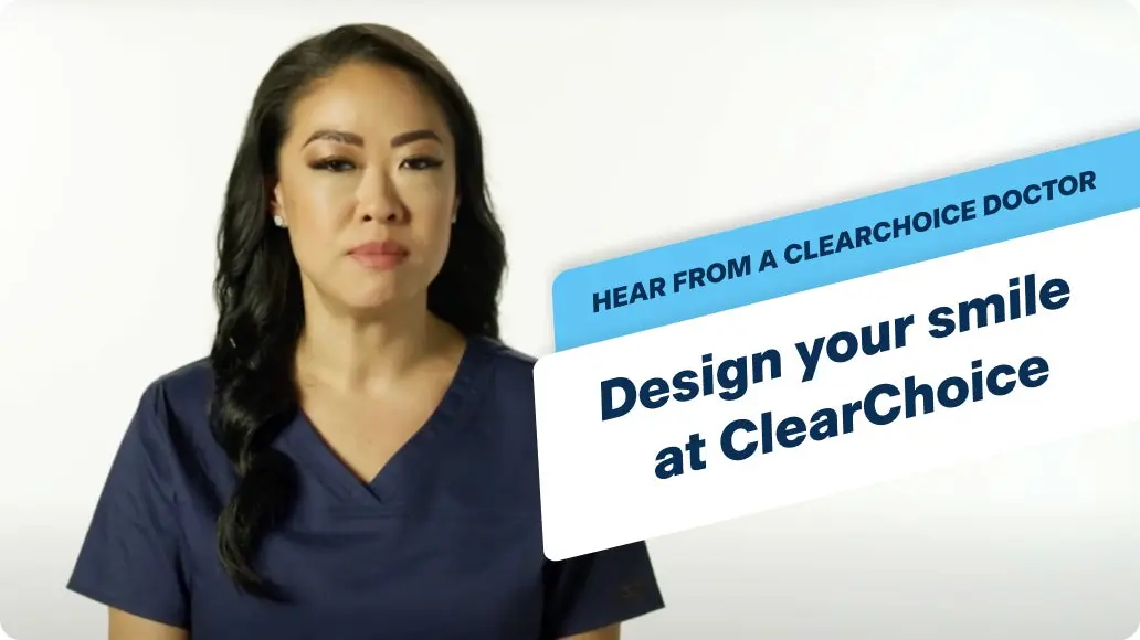 Dr. Jennifer Kim, a prosthodontist at ClearChoice, wears a navy blue scrub as she looks into the camera, with a banner that says "Hear from a ClearChoice doctor, design your smile at ClearChoice".