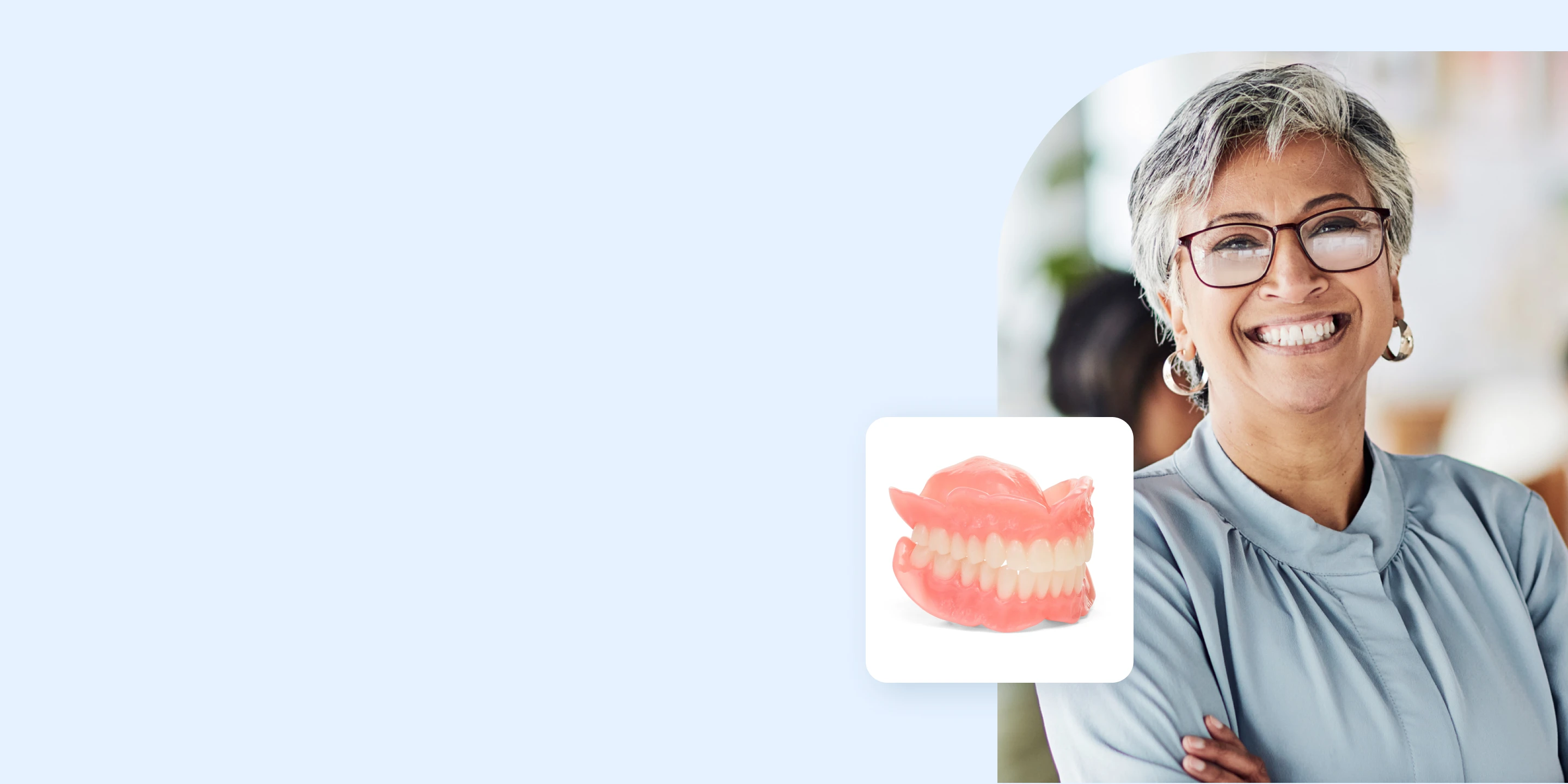 A woman wearing glasses proudly smiles, displaying her dentures, while a model image of full dentures is featured on the side to showcase the type she's wearing..