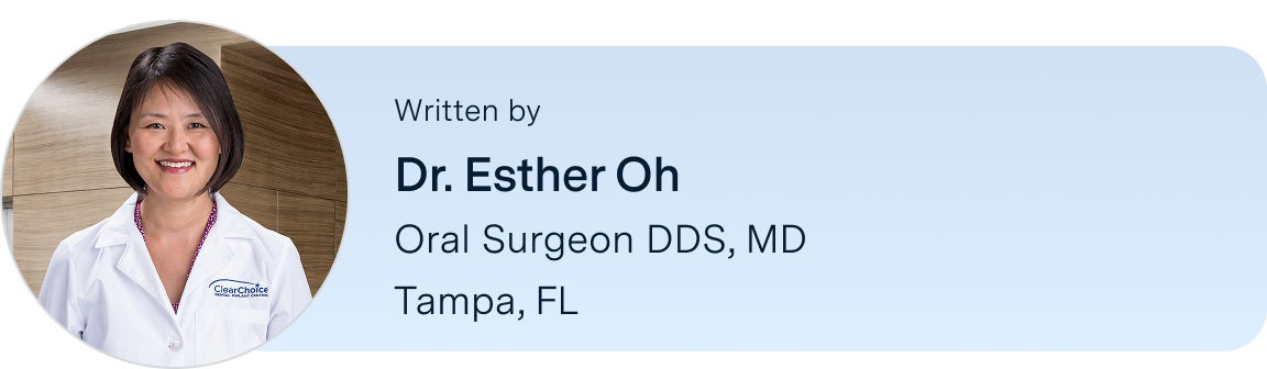 Information on Dr. Esther Oh, oral surgeon DDS, MS, located in the Tampa, Florida ClearChoice center, the author of this blog. Along with her headshot on the left.