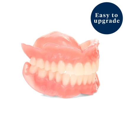 A model of Comfilytes dentures, one of Aspen Dental's most premium dentures, on a white background. Image labels 'Easy to upgrade' within a dark blue circle