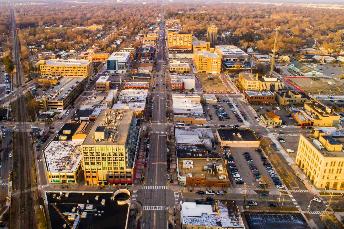 An aerial view of the streets of Detroit.