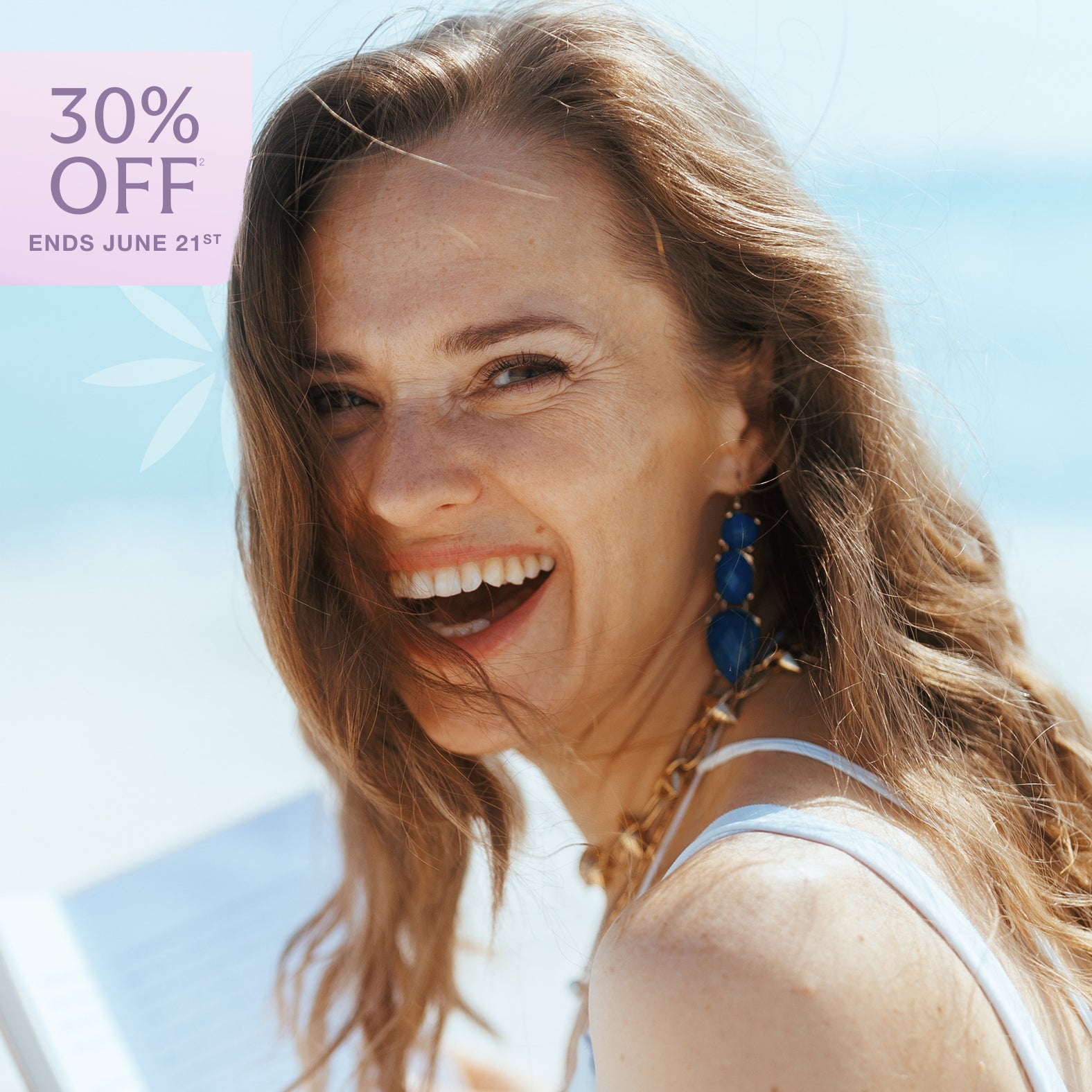 Smiling woman promoting Chapter’s Hydraglow Facial treatments. Text on image reads “30% off.”