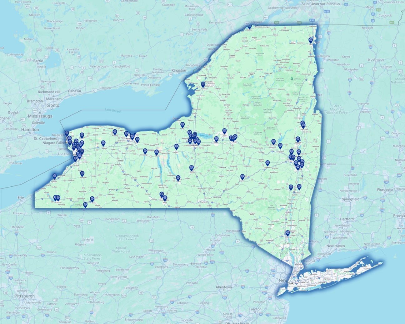 A map of New York state, highlighting all WellNow locations in the area.