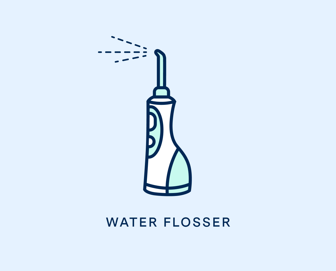 Icon of an air flosser with a puff of air on a blue background above 'AIR FLOSSERS' text.