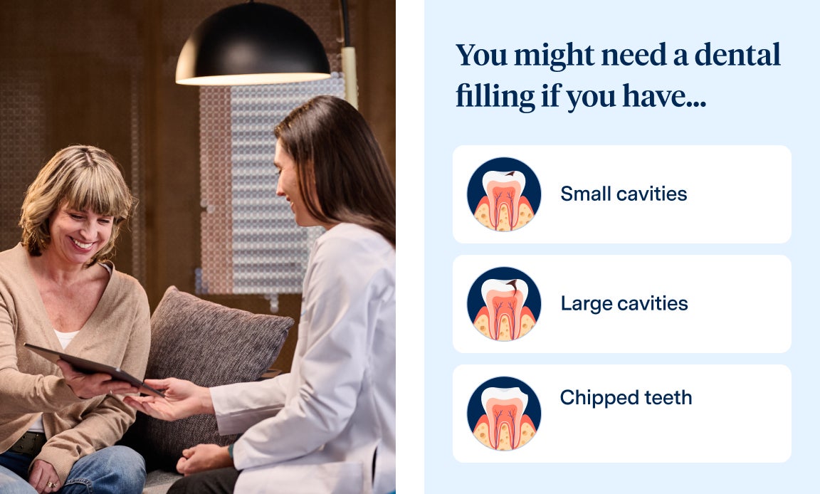 Aspen Dental professional consulting with a patient while discussing reasons for needing a dental filling, including small cavities, large cavities, or chipped teeth, displayed alongside informative icons.