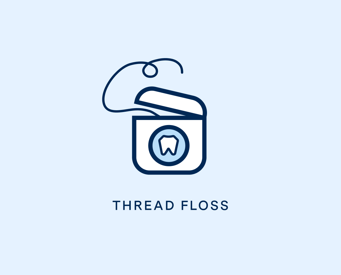 Icon of white dental floss container on light blue background above 'THREAD FLOSS' text.