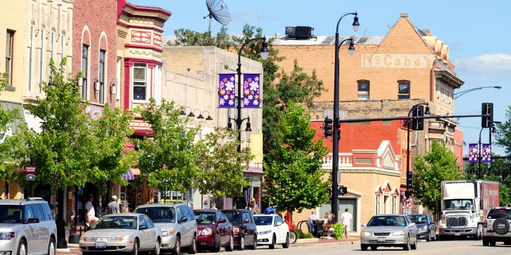 A busy downtown street in the western Chicago suburbs. 