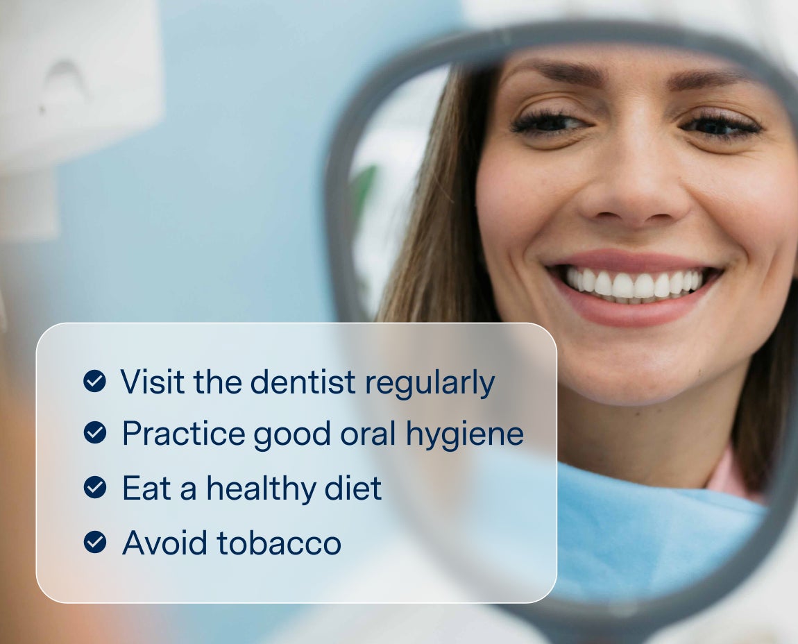 A woman smiles while looking at herself in a mirror, with suggestions on how to mantain a healthy mouth. 