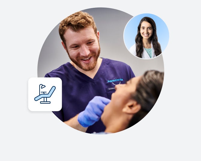 A dentist in a blue scrubs examines a patient’s teeth during a dentist appointment. An inset image shows a smiling woman with long hair in a white coat. Dentist chair icon is visible.