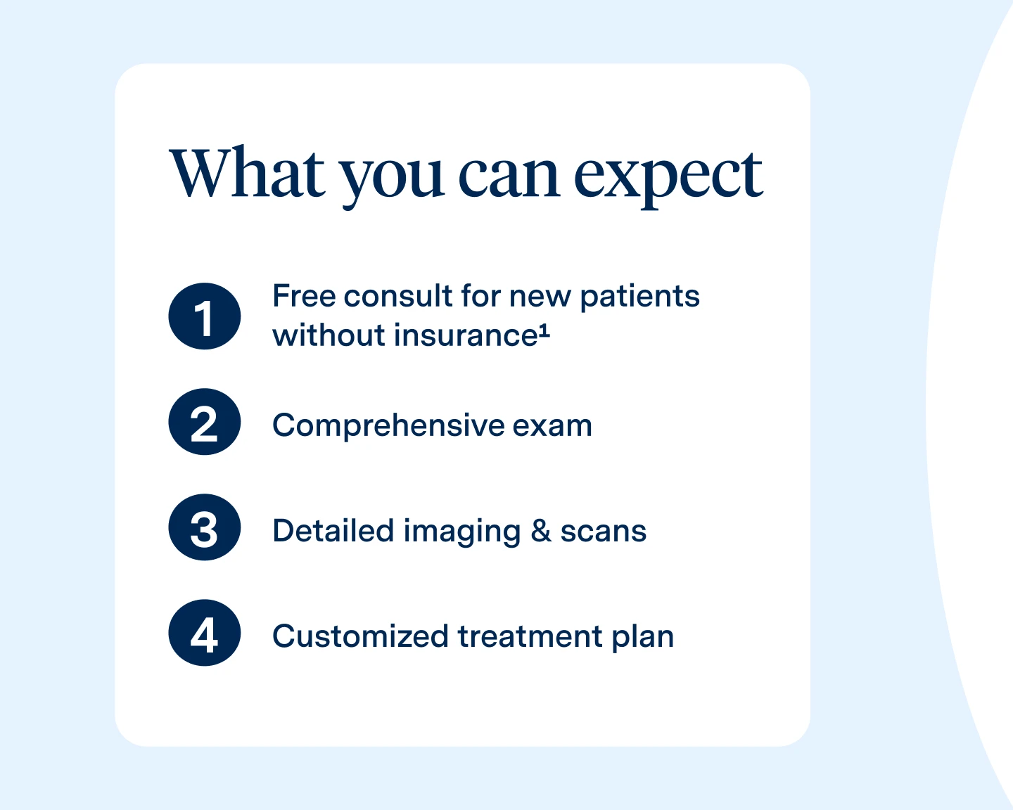  Info card with What you can expect including free consult, exam, scans, and treatment plan.