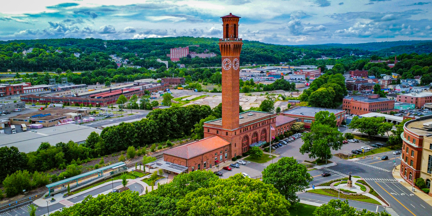An aerial view of a Connecticut town. 
