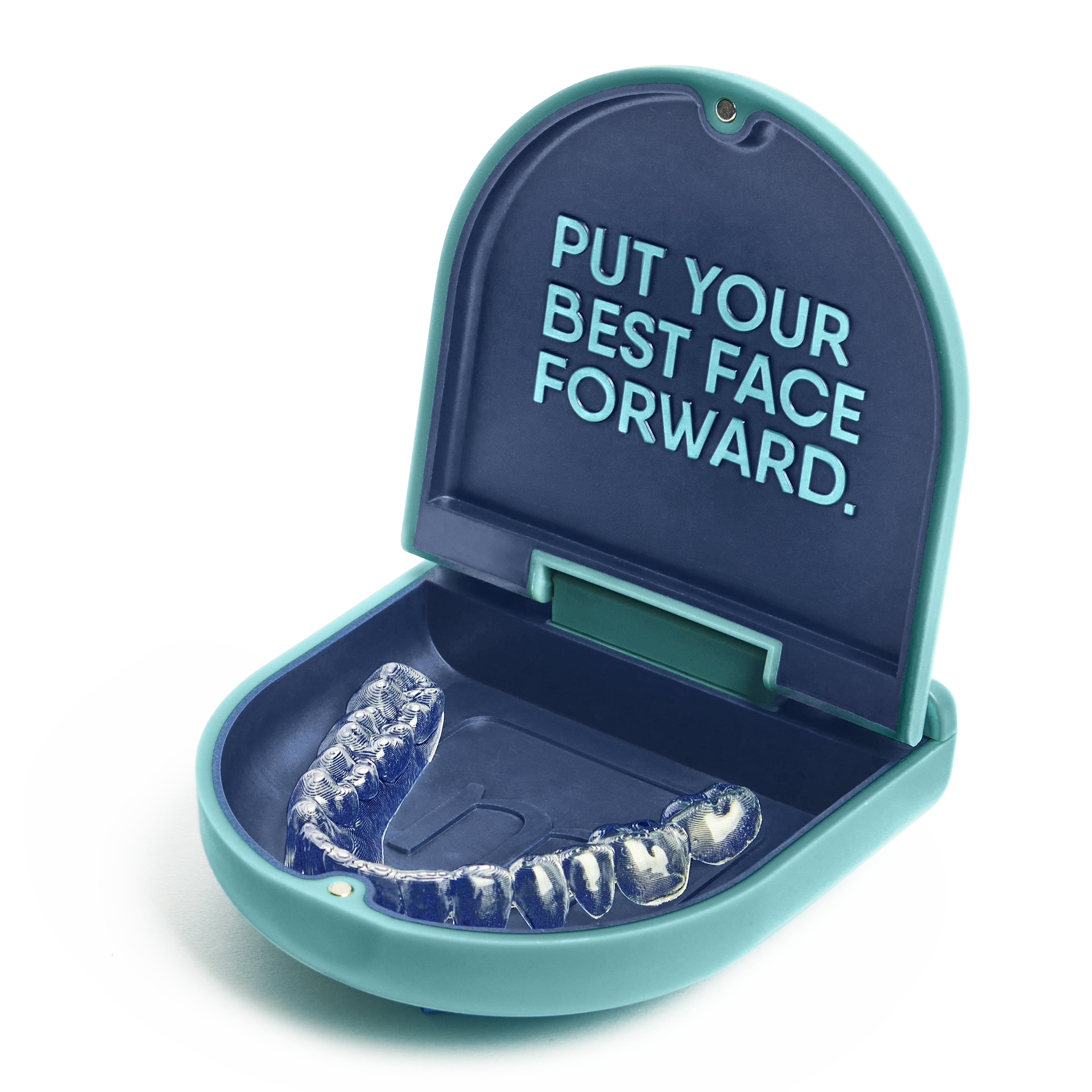 Motto Clear Aligners case that says "Put your best face forward" inside the lid.