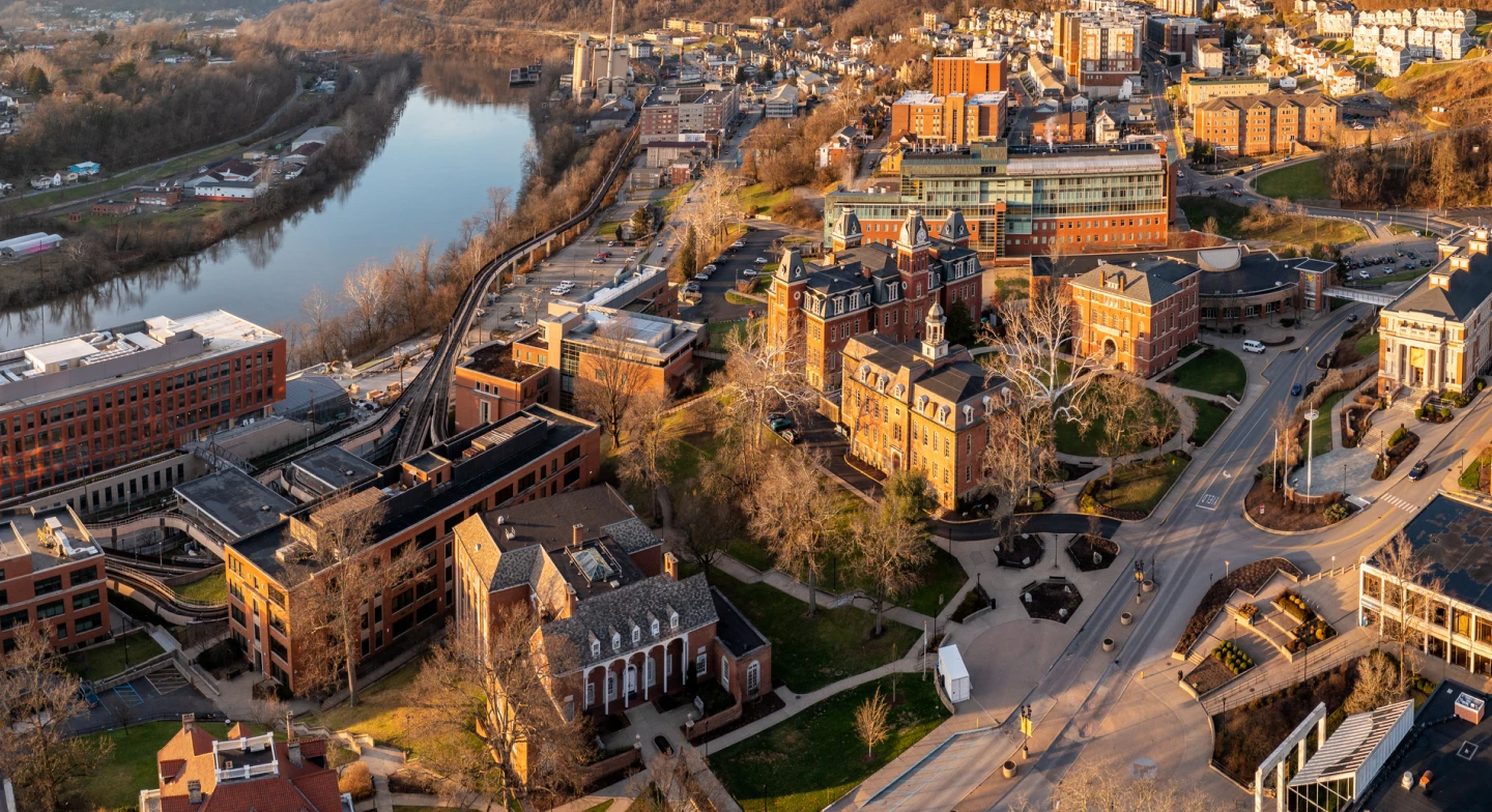 An aerial image of the University of West Virginia. 