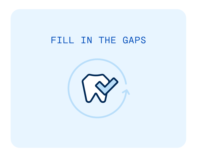 Tooth icon with a check mark, symbolizing Snap-on veneers filling gaps for missing teeth.