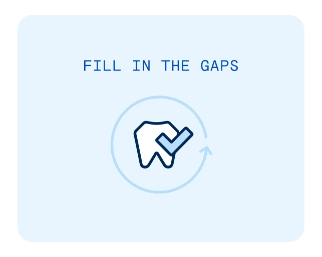 Tooth icon with a check mark, symbolizing Snap-on veneers filling gaps for missing teeth.