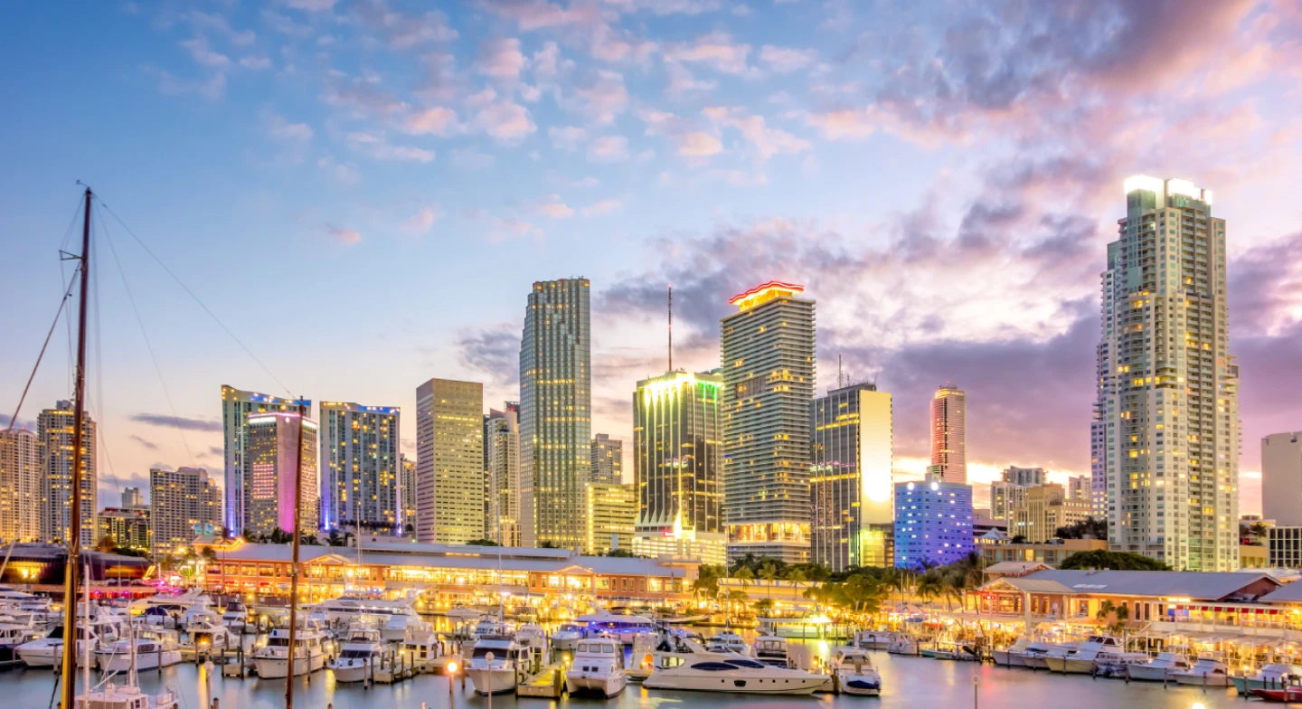 A view of the Miami skyline at sunset