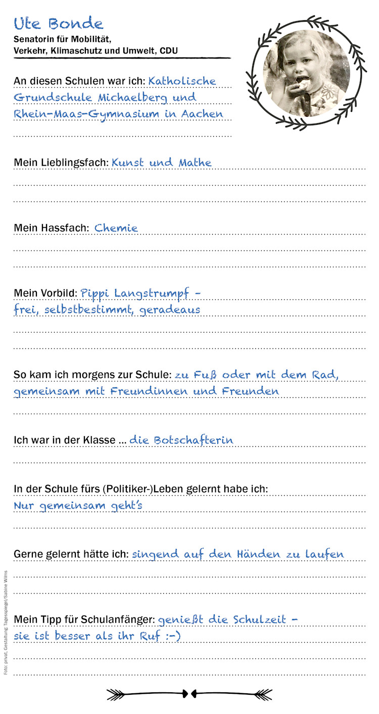 Der Checkpoint Freundebuch-Eintrag von Verkehrssenatorin Ute Bonde (CDU)