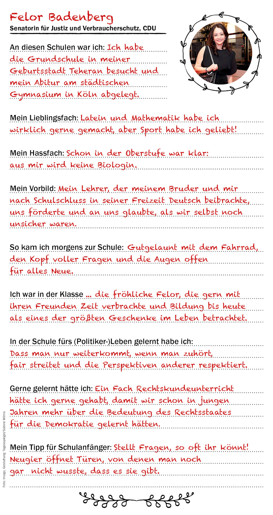 Der Checkpoint Freundebuch-Eintrag von Justizsenatorin Felor Badenberg (CDU)