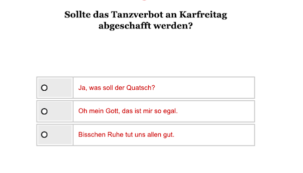 Opinary/Umfrage Karfreitag Tanzverbot