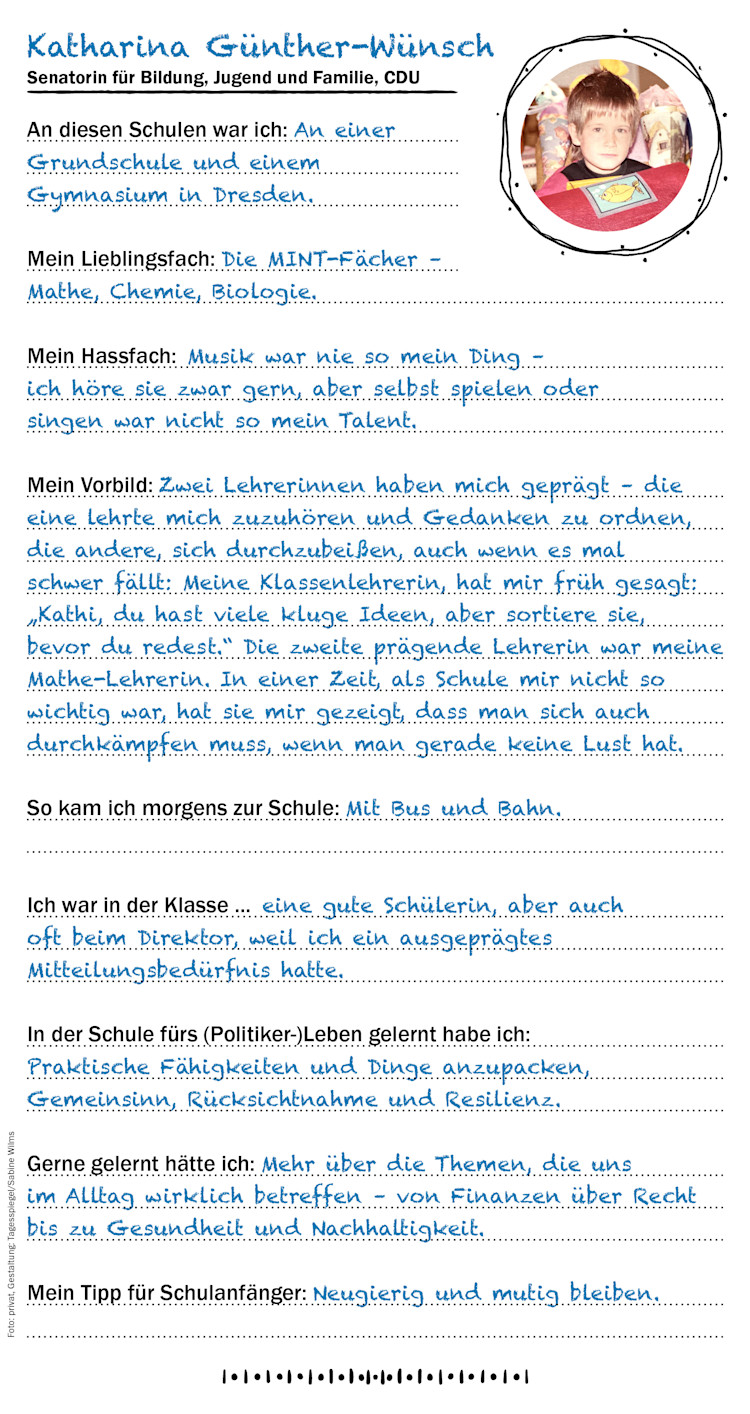 Der Checkpoint Freundebuch-Eintrag von Bildungssenatorin Katharina Günther-Wünsch (CDU)