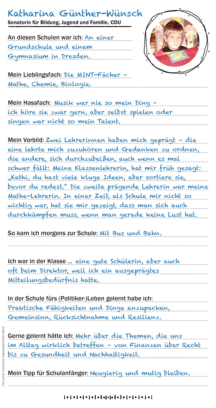 Der Checkpoint Freundebuch-Eintrag von Bildungssenatorin Katharina Günther-Wünsch (CDU)