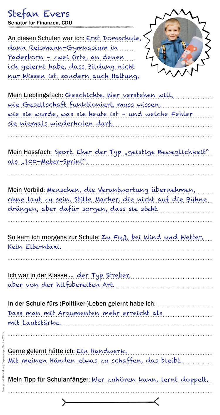 Der Checkpoint Freundebuch-Eintrag von Finanzsenator Stefan Evers (CDU)