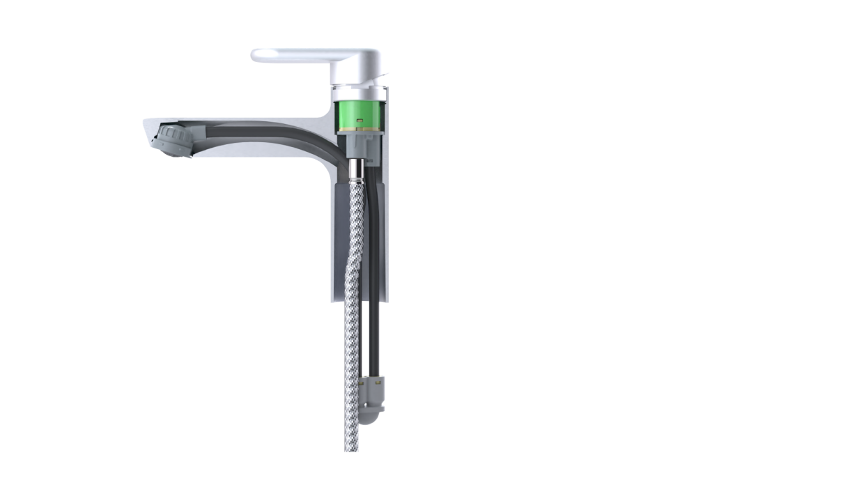 Watertrain waterway installed into an exemplary faucet body 