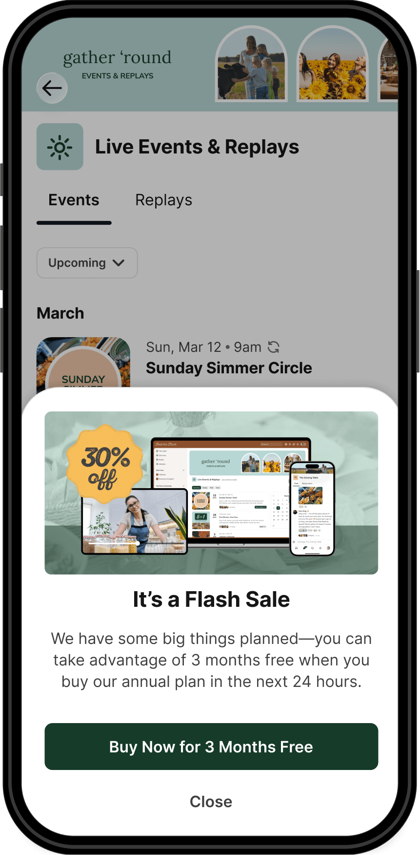 Live Events and Replays with flash sale popup