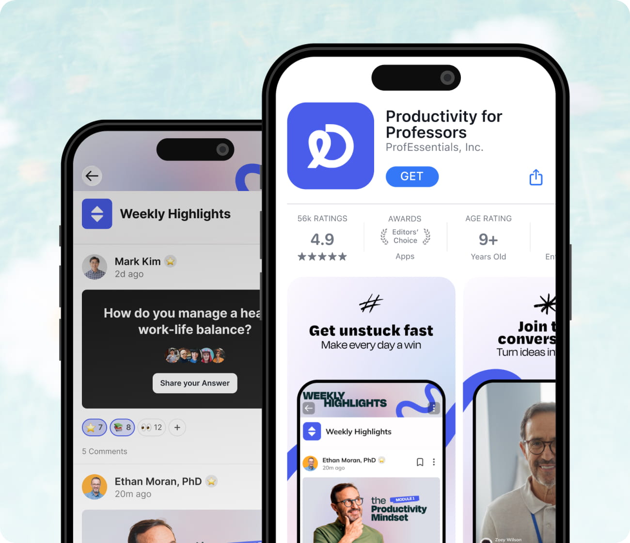 Two phone mockups showing a branded community app built on Mighty